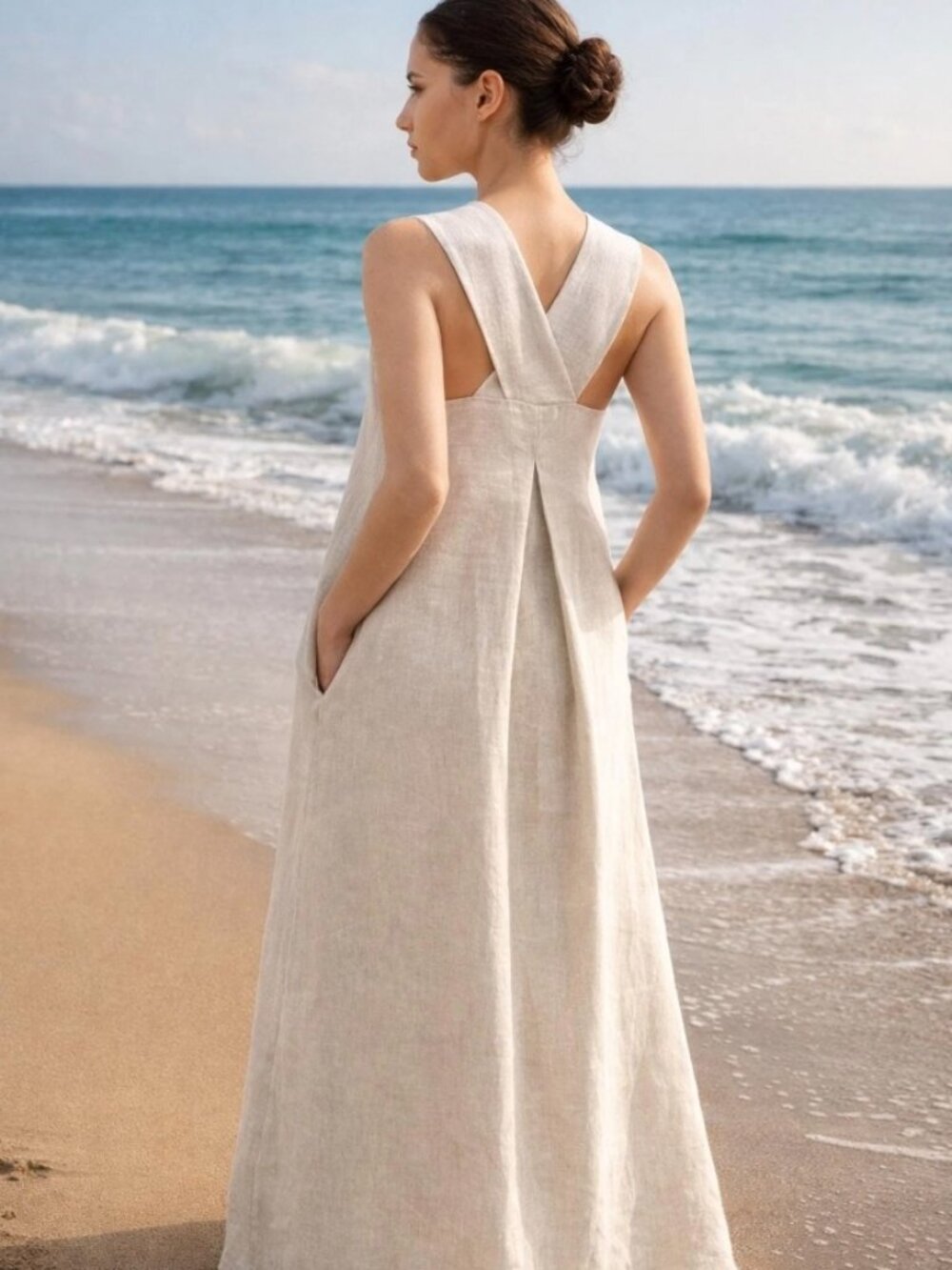 100% Linen Boho square neck X cross back maxi dress w/ pockets